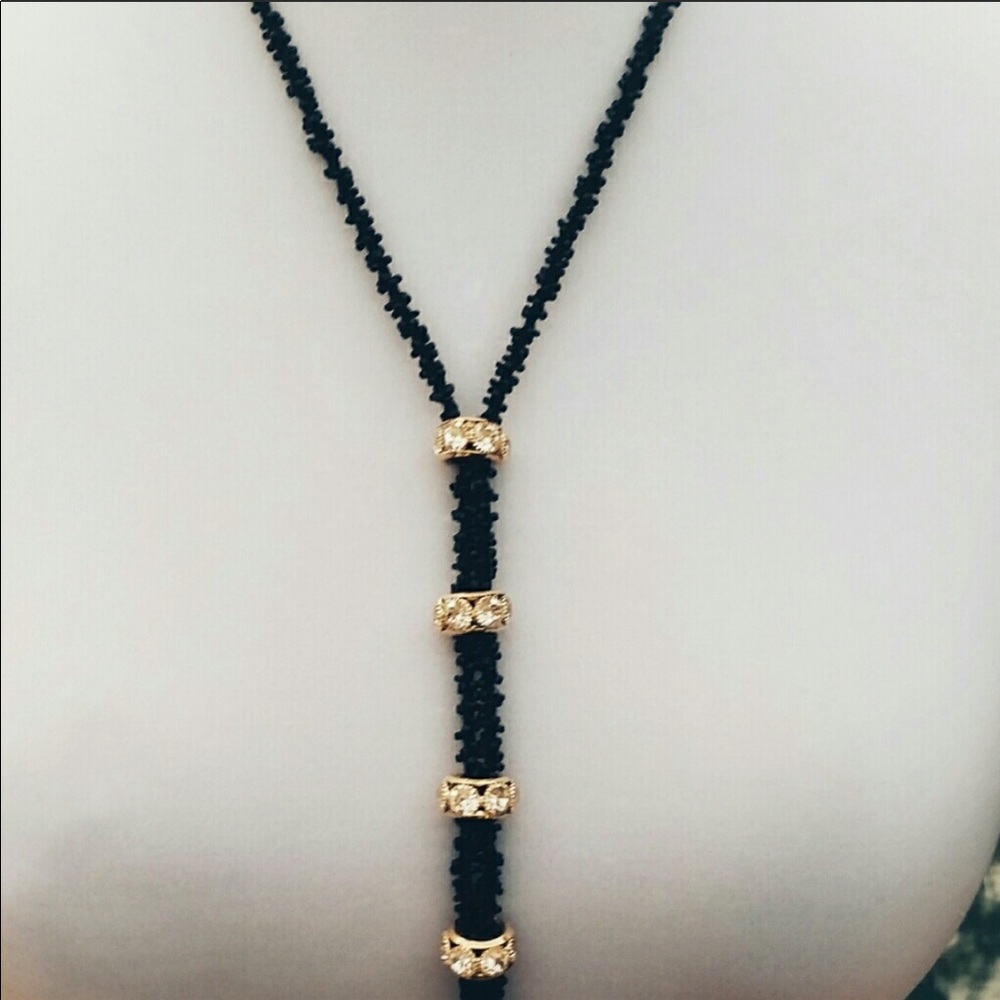 NEW Black Beads Gold Bling Lariat Necklace - Picture 5 of 8